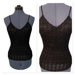 Vtg Y2K Womens Black Crochet Sequin Camisole V Neck Tank Coquette Goth Grunge XS